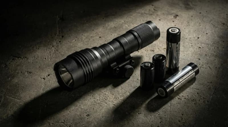 Streamlight ProTac HL-X weapon light with CR123 and 18650 batteries on dark concrete