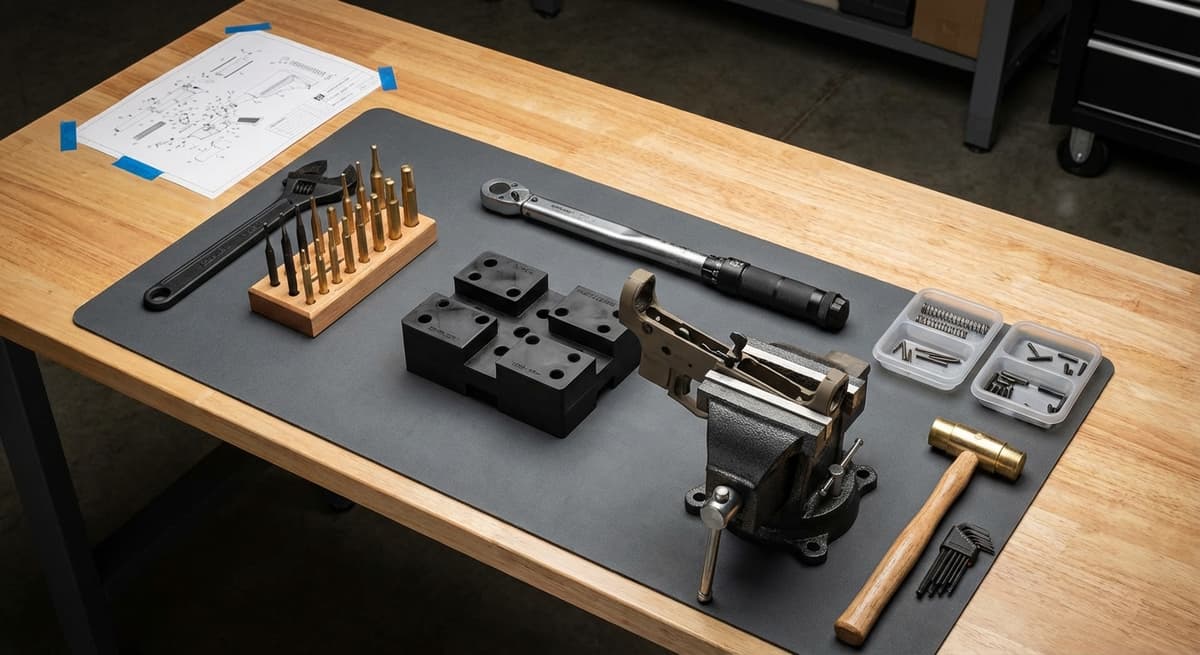 AR-15 assembly tools including armorer's wrench, punch set, and torque wrench