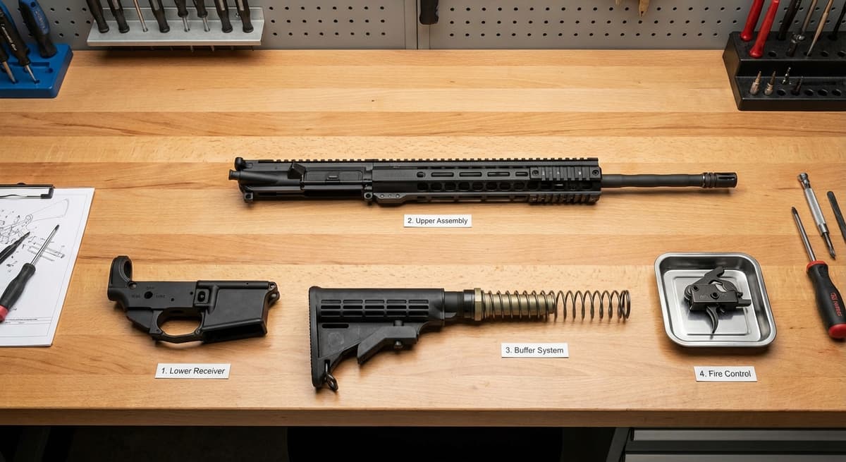 AR-15 parts laid out on a workbench
