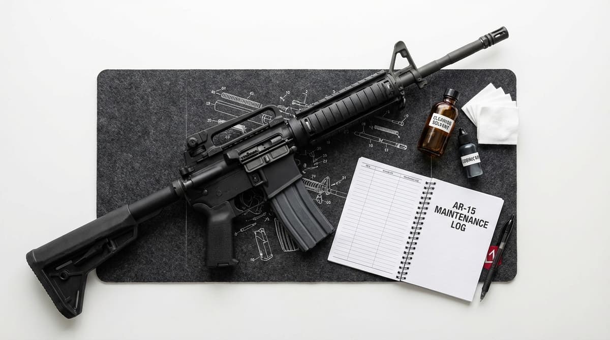AR-15 bolt carrier group with cleaning supplies and maintenance tools laid out on bench