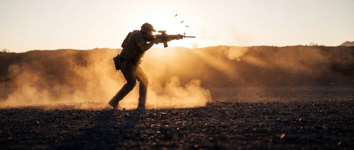 Shooter running an AR-15 at an outdoor range at golden hour with ejected brass in the air