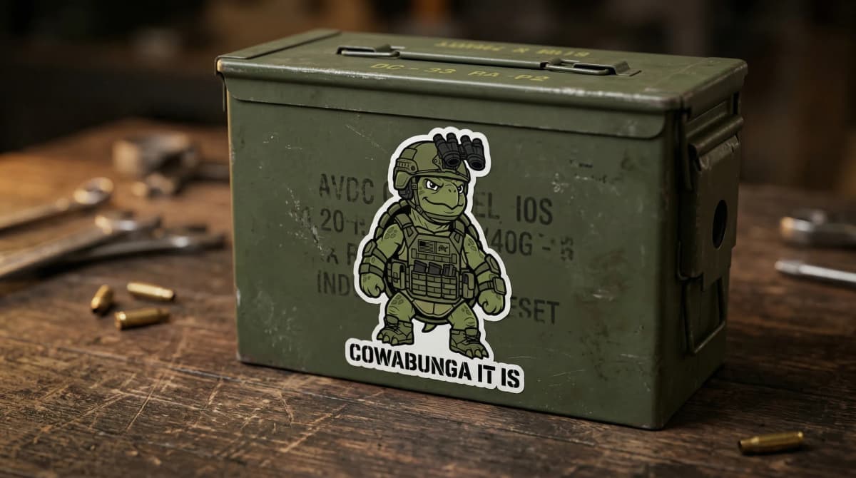 Morale sticker applied to a military ammo can on a workbench