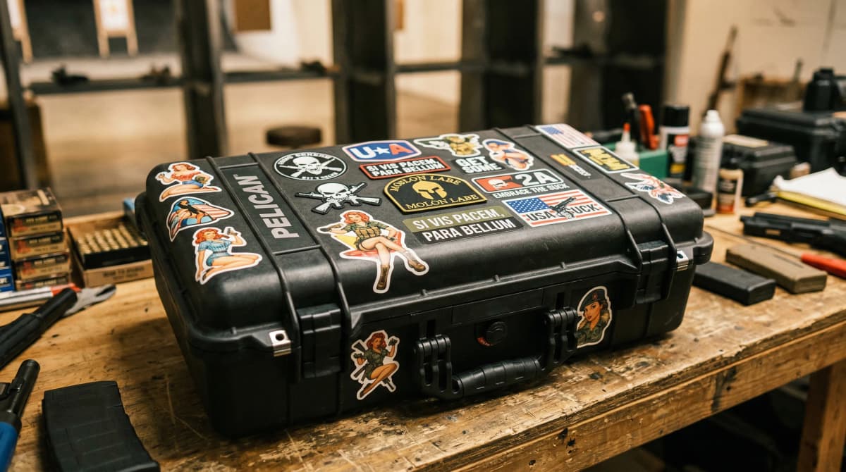 Colorful vinyl stickers applied to a black Pelican rifle case