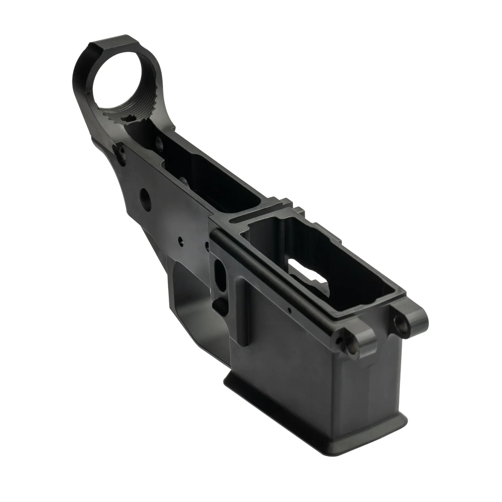 1791 LiteRaider LRM4 stripped lower receiver in black, three-quarter view showing the magazine well, buffer tube threads, and takedown pin holes