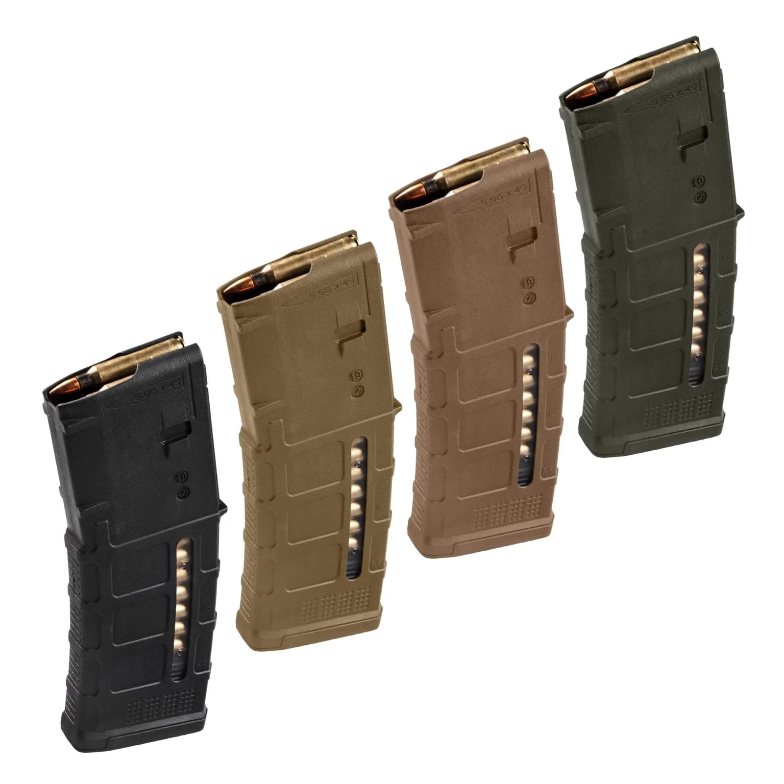 Four Magpul PMAG 30-round AR-15 magazines in different colors