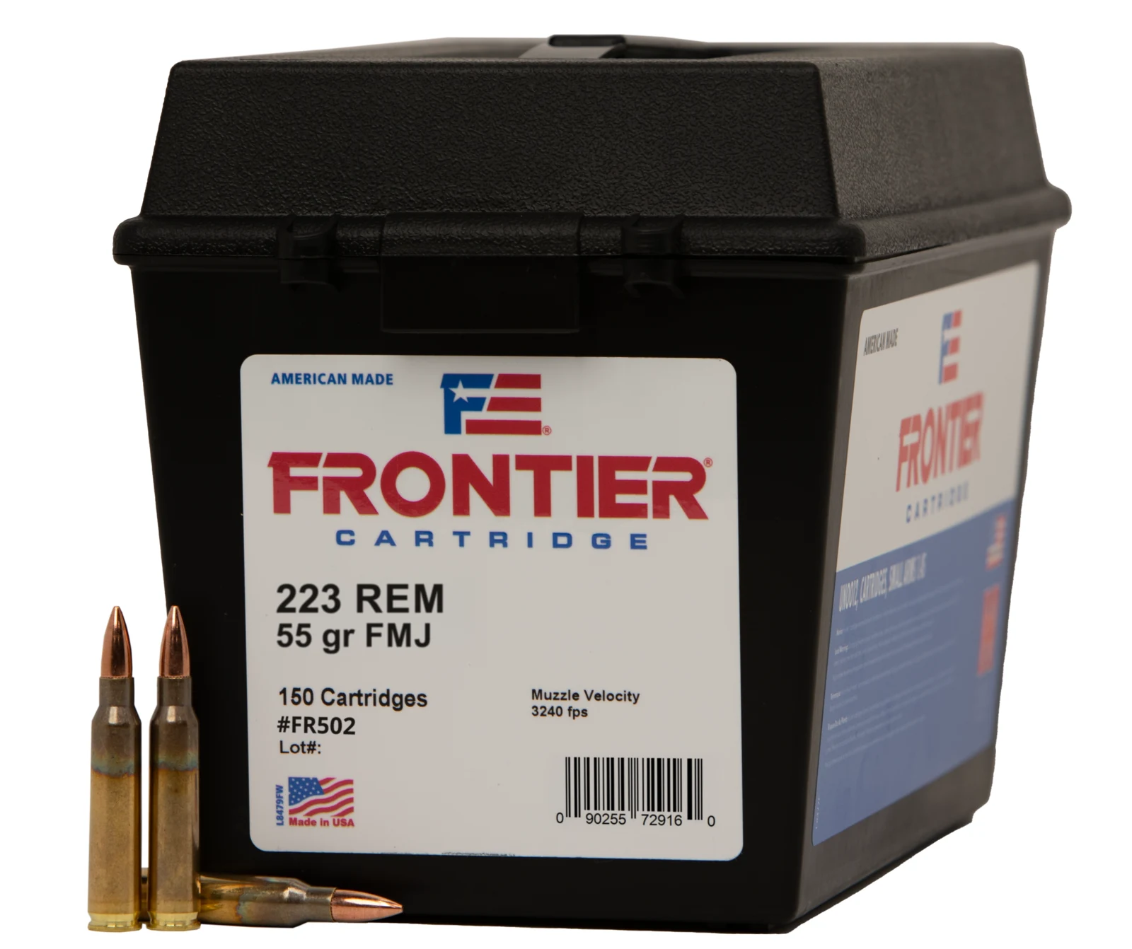 Hornady Frontier 223 REM 55 gr FMJ 150-cartridge box, item FR502, with loose cartridges