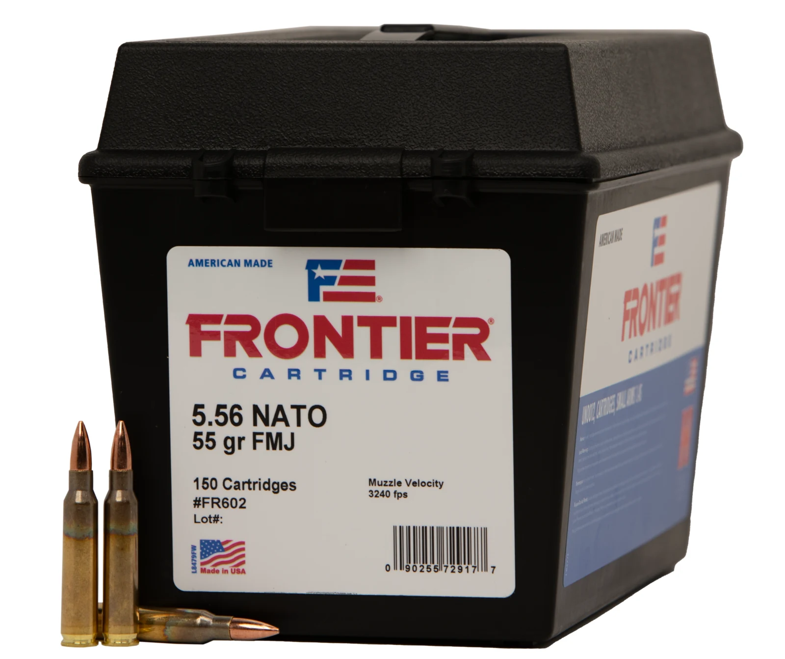 Hornady Frontier 5.56 NATO 55 gr FMJ 150-cartridge box, item FR602, with loose cartridges