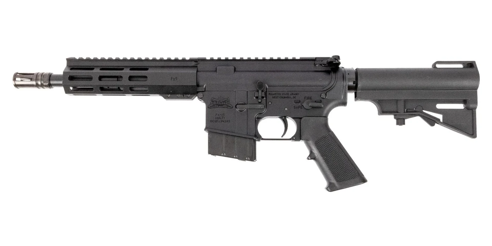 Palmetto State Armory AR-15 pistol chambered in 338 ARC with short barrel and adjustable brace, the entry-level upper option for the cartridge