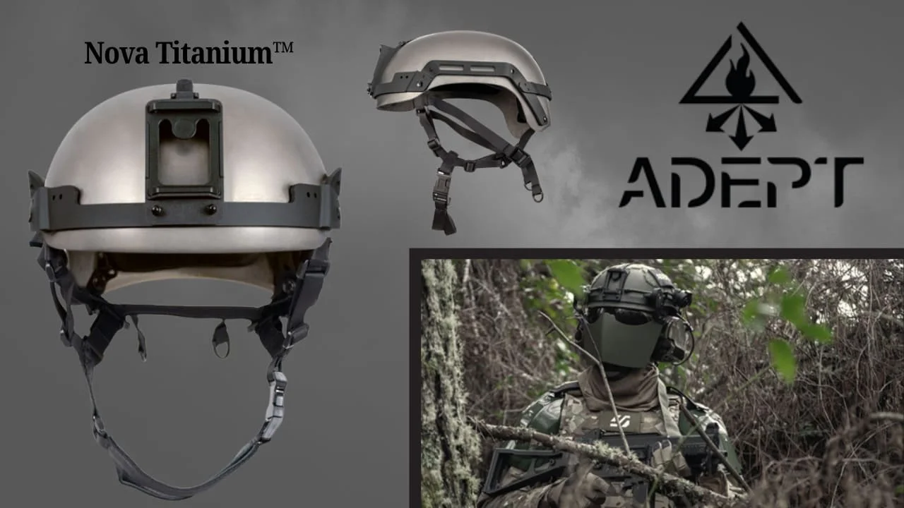 Adept Armor Nova Titanium Combat Helmet in raw titanium finish, showing the high-cut shell profile