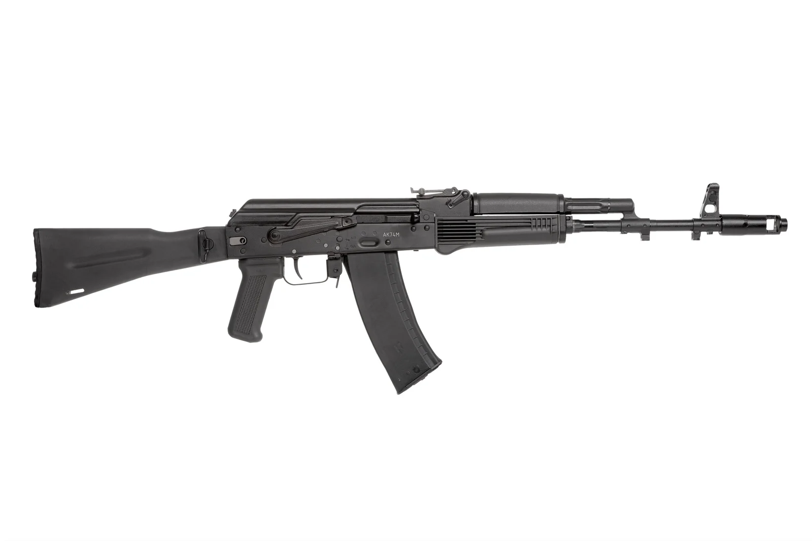 AK-74M rifle in black polymer furniture with side-folding stock, receiver marked AK74M, left-side optic dovetail rail, and AK-74 muzzle brake