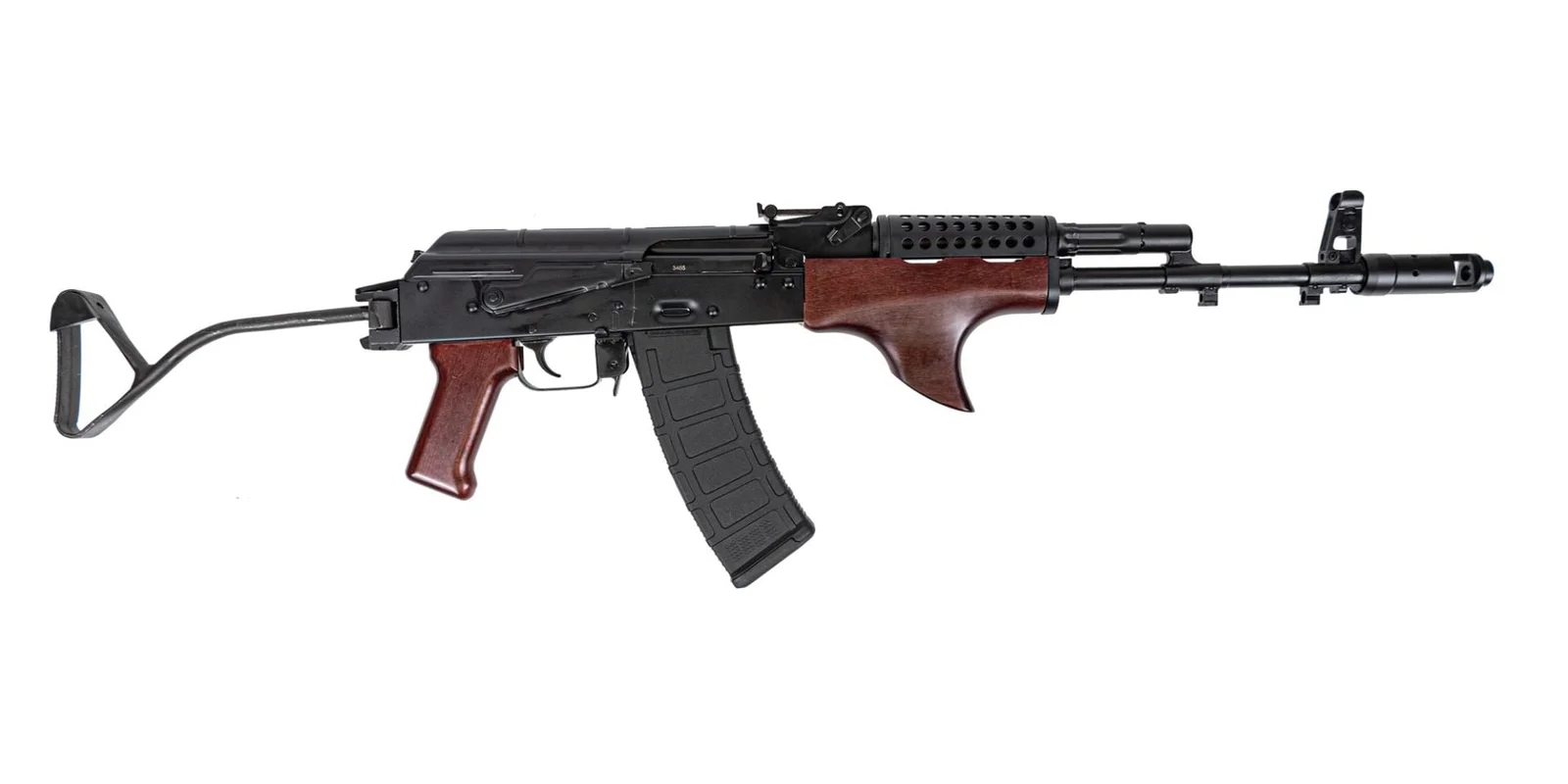 Palmetto State Armory PSAK-74 rifle with wire folding stock, redwood shark fin foregrip, vented cheese grater upper handguard, AK-74 two-chamber muzzle brake, and a polymer AK-74 magazine
