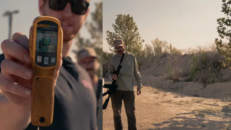 Temperature gun showing heat comparison between Ambient Arms EXO and standard suppressor