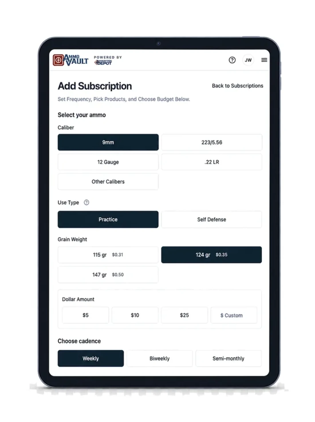 AmmoVault Add Subscription screen showing caliber options for 9mm, 223/5.56, 12 Gauge and .22 LR, use type, grain weight with per-round prices, dollar amount presets and cadence selection