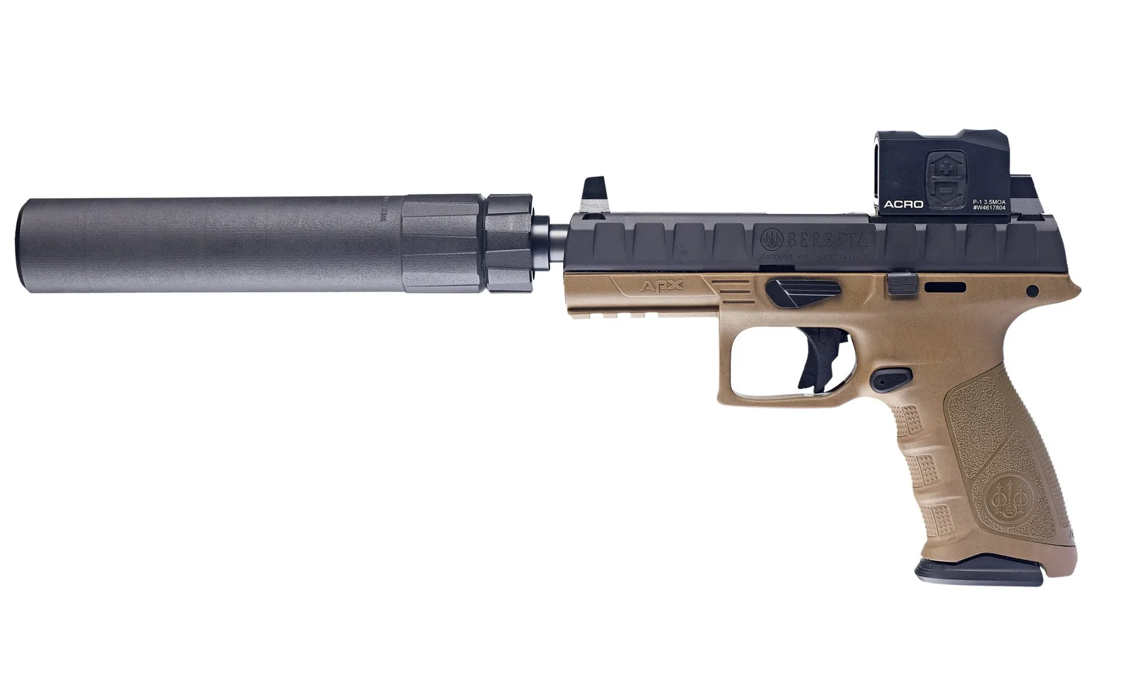 Beretta APX pistol in FDE with an Aimpoint ACRO enclosed red dot and a black suppressor threaded to the barrel