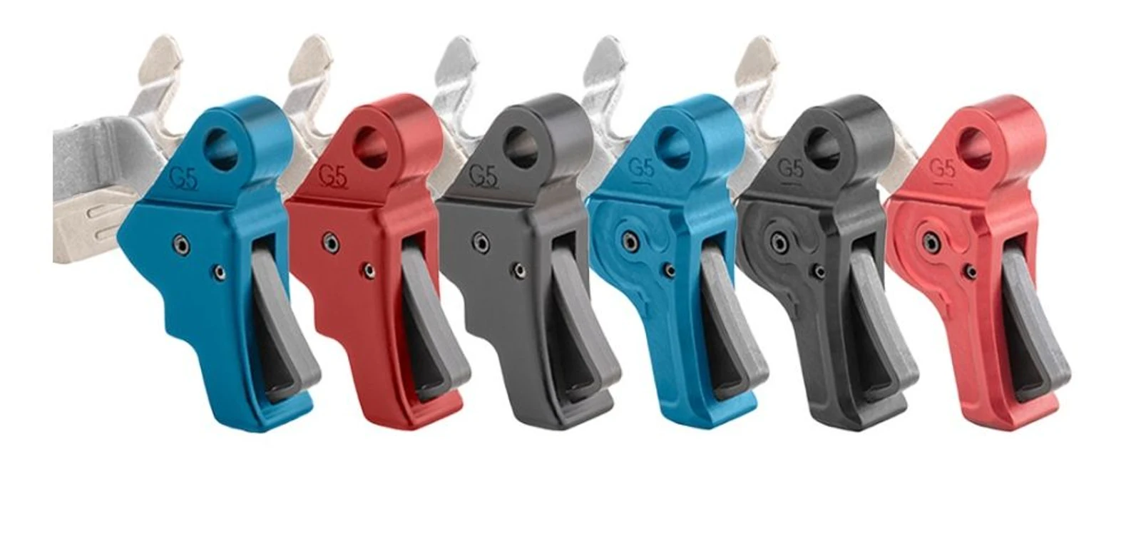 Six Apex Evo 6 trigger shoes in blue, red, grey, and black, shown attached to stainless Glock trigger bars