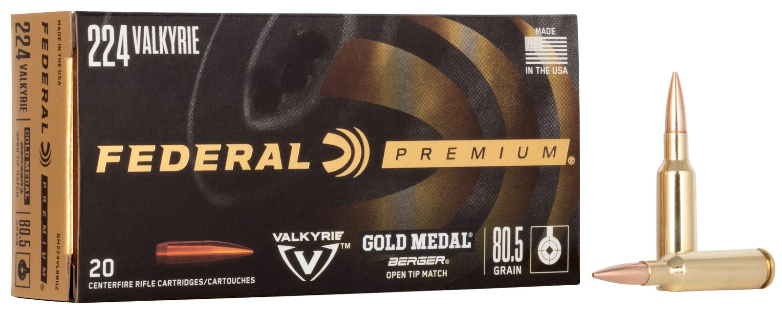 Federal Premium Gold Medal Berger .224 Valkyrie 80.5 grain Open Tip Match ammunition box with two loaded cartridges