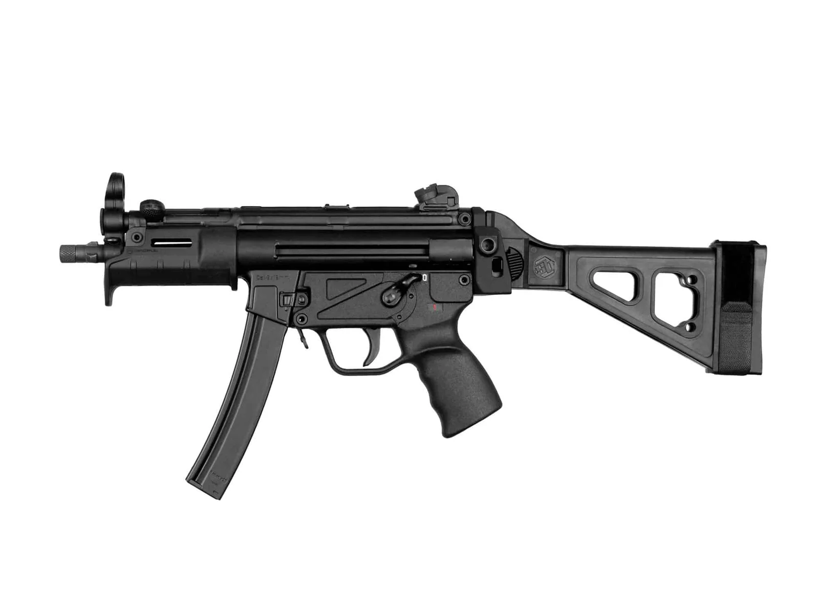 MP5-pattern 9mm host with a factory SEF trigger housing and folding brace, the kind of stock housing the ARHK drops into