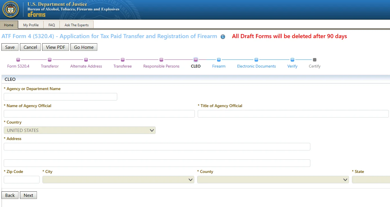 The ATF eForms application wizard showing the numbered step navigation, including the Electronic Documents step where supporting uploads are attached