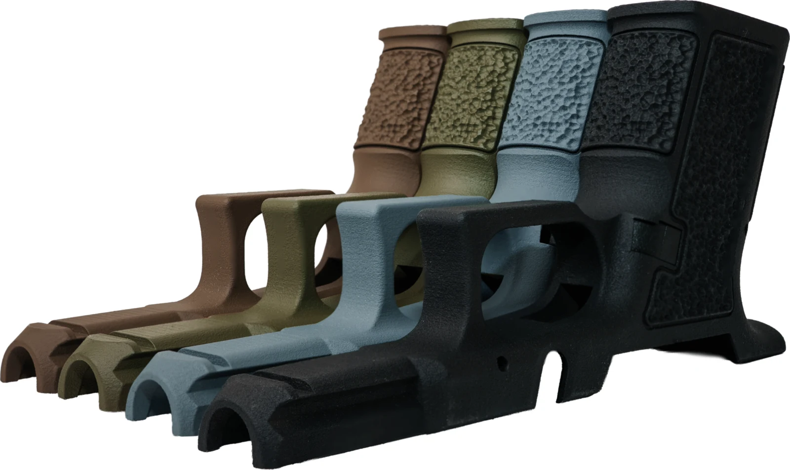 Four Defense Distributed G80 polymer grip modules in brown, olive drab, gray, and black, lined up on a white background