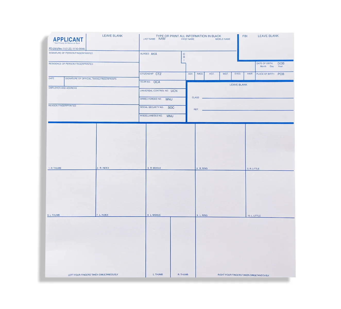 A blank FD-258 FBI fingerprint card, the identity artifact NFA trust responsible persons would no longer need to submit under the proposed rule
