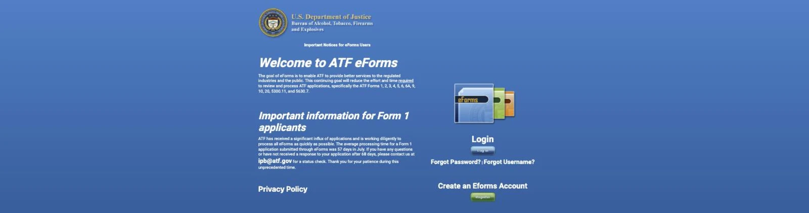 ATF eForms login page on August 26, 2026 showing the Form 1 processing notice and version 3.6.3-2026-08-18
