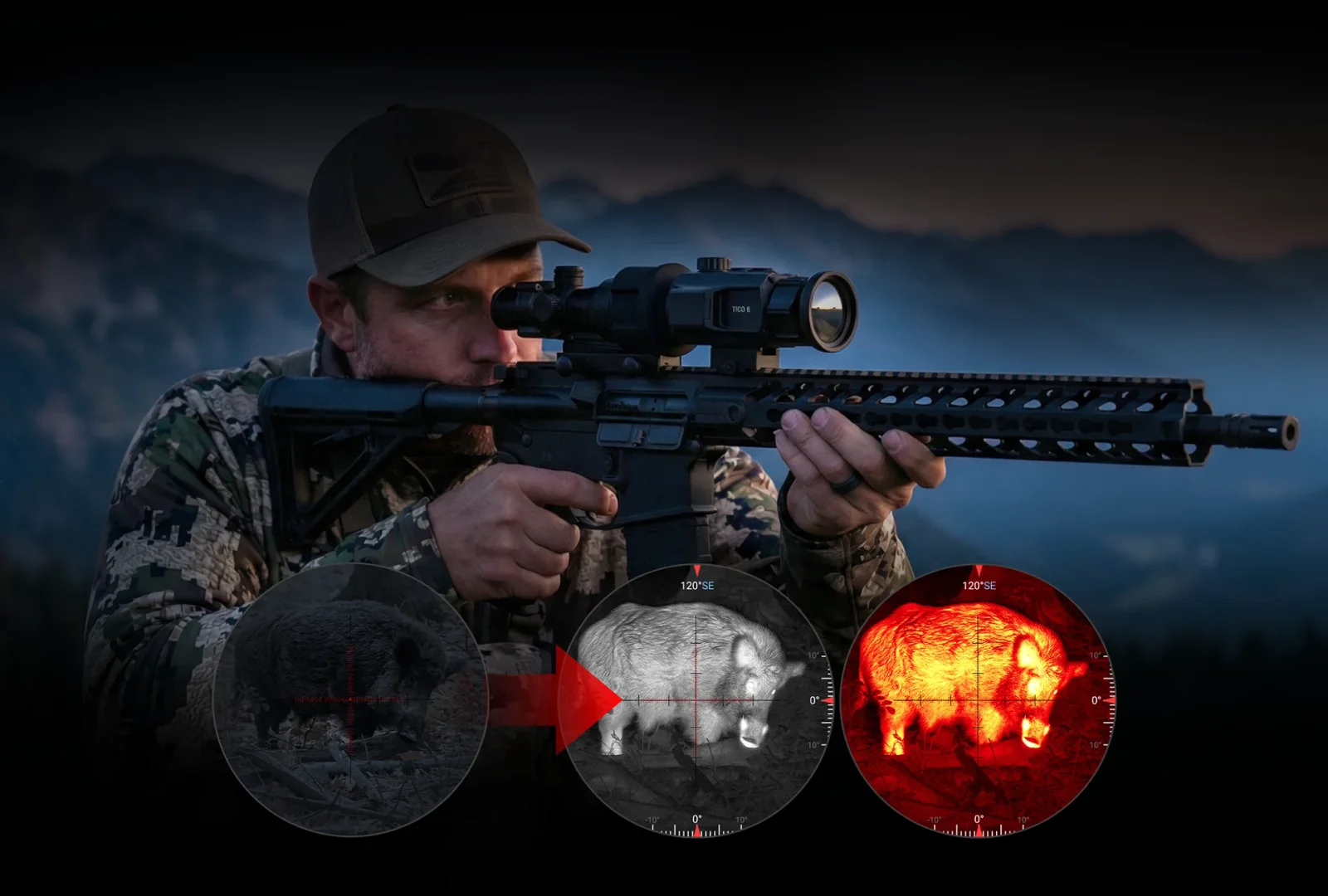 Hunter holding a rifle equipped with an ATN TICO 6 thermal clip-on with thermal-image overlays of a wild boar