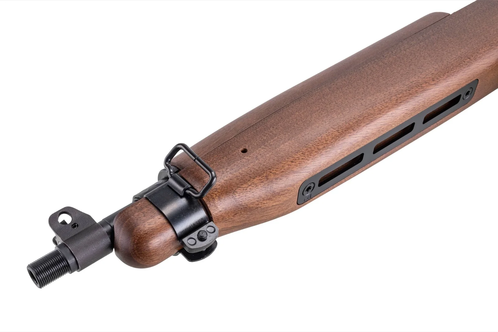 Close-up of the Auto-Ordnance M1 Carbine SBR forend showing three integrated M-LOK slots in the walnut handguard and the 1/2x28 threaded muzzle