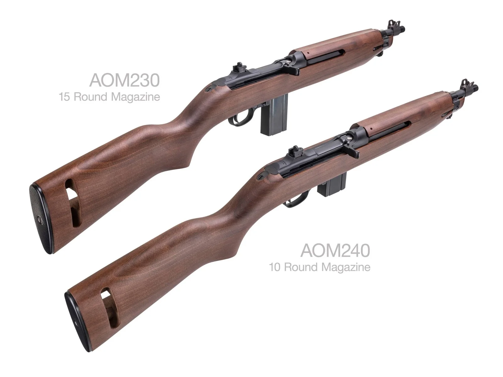 Auto-Ordnance M1 Carbine SBR AOM230 and AOM240 side by side, both with 12-inch barrels, fixed American walnut stocks, and flip-style rear sights