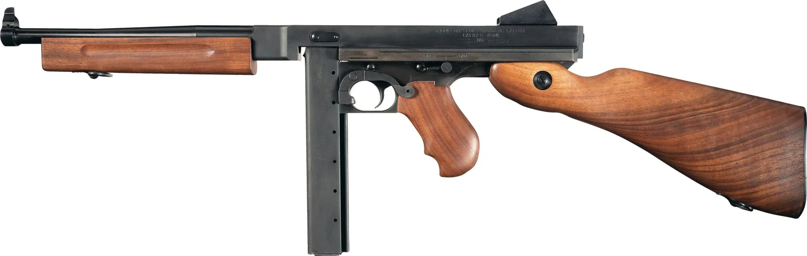 Side profile of an M1-pattern Thompson with a smooth barrel, horizontal walnut forearm, fixed walnut buttstock and a stick magazine