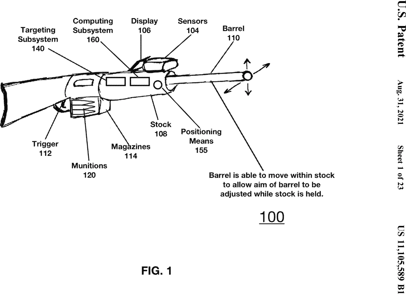 Figure 1 of US Patent 11,105,589 showing a rifle with labeled sensors, display, computing subsystem, targeting subsystem, positioning means, and a barrel that moves within the stock