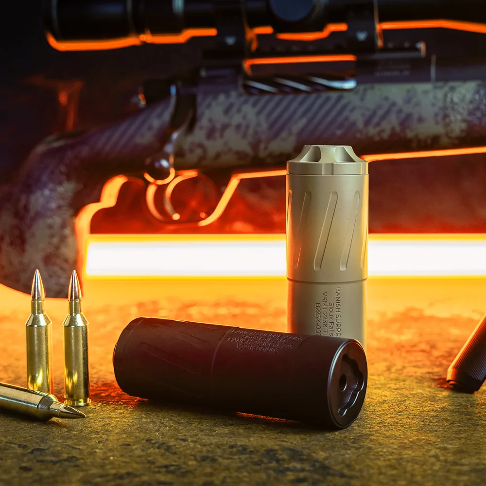 BANISH VRMT 223K Ti suppressor in black and tan FDE finishes with .223 ammunition