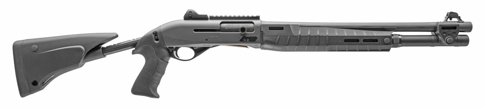 Full right-side profile of the gray Benelli M2-G1 Tactical with the 5-position collapsible stock and pistol grip