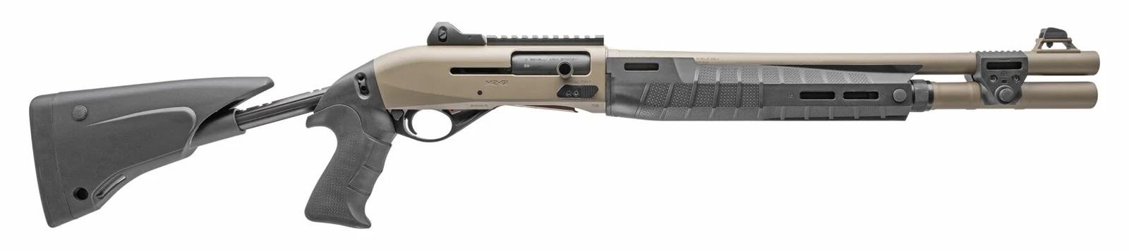Full right-side profile of the FDE Benelli M2-G1 Tactical with black furniture and a 5-position collapsible stock