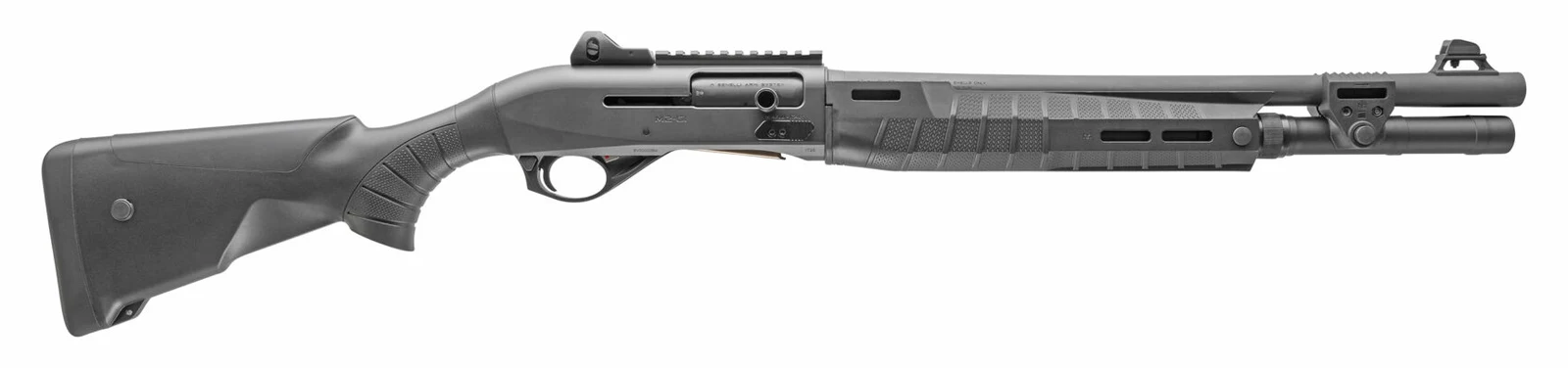 Full right-side profile of the gray fixed-stock Benelli M2-G1 Tactical, showing the 18.5-inch barrel, M-LOK forend, receiver-top rail, and ghost-ring sights