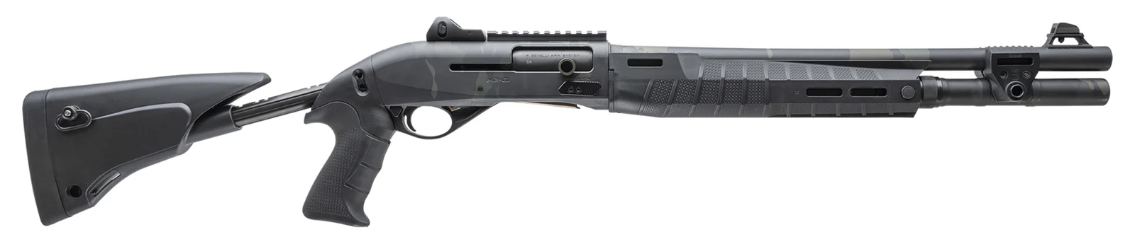 Full right-side profile of the MultiCam Black Benelli M2-G1 Tactical with a 5-position collapsible stock