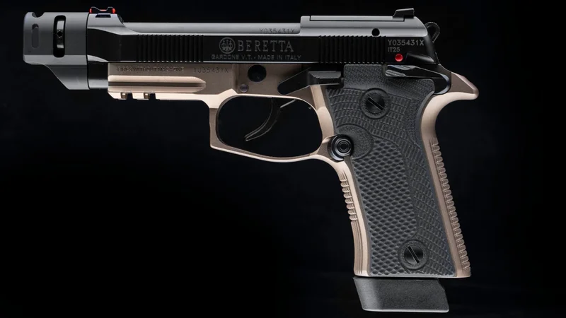 Beretta 80X Cheetah Tactical Launch Edition showing the bronze anodized aluminum frame, black G10 grip panels, and frame-mounted thumb safety