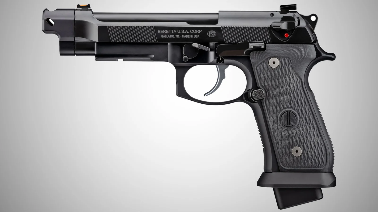 Side profile of the Beretta 92G Elite Combat LTT showing the Toni System single-port compensator, G10 grips, and extended magazine