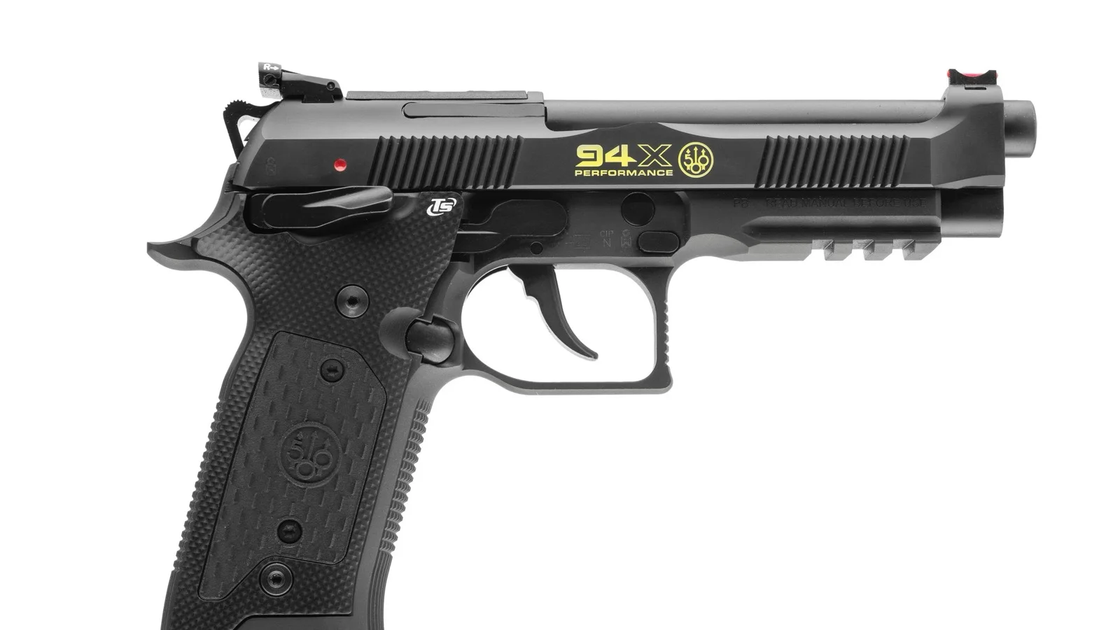 Beretta 94X Performance pistol, left side, showing the lowered RDO slide cut area, slide serrations, and red fiber-optic front sight