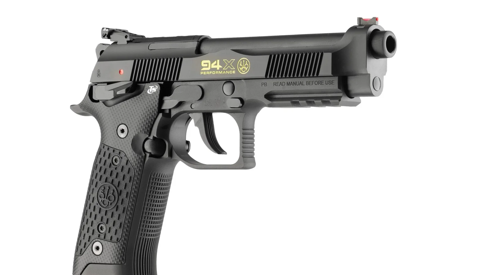 Beretta 94X Performance pistol, right side, showing the 94X slide markings, accessory rail, palm-swell grips, and red fiber-optic front sight