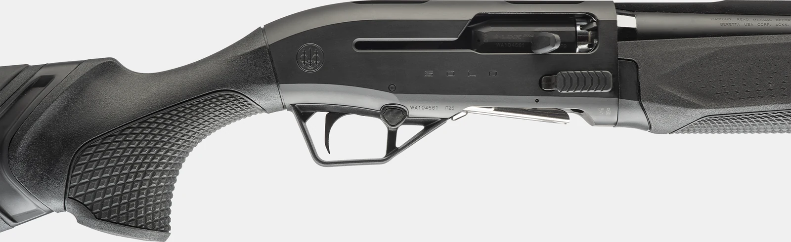Right side of the Beretta A400 Solo receiver showing the SOLO engraving, the B-LINK Pro marked bolt handle, the enlarged bolt release and the trigger group