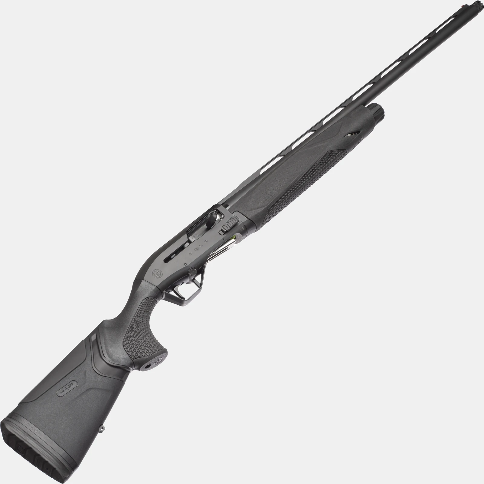 Beretta A400 Solo in black synthetic shown from the left with the bolt locked open, the Kick-Off Plus marked buttstock, B-Uffer recoil pad and the knurled B-Lok magazine cap at the front of the magazine tube