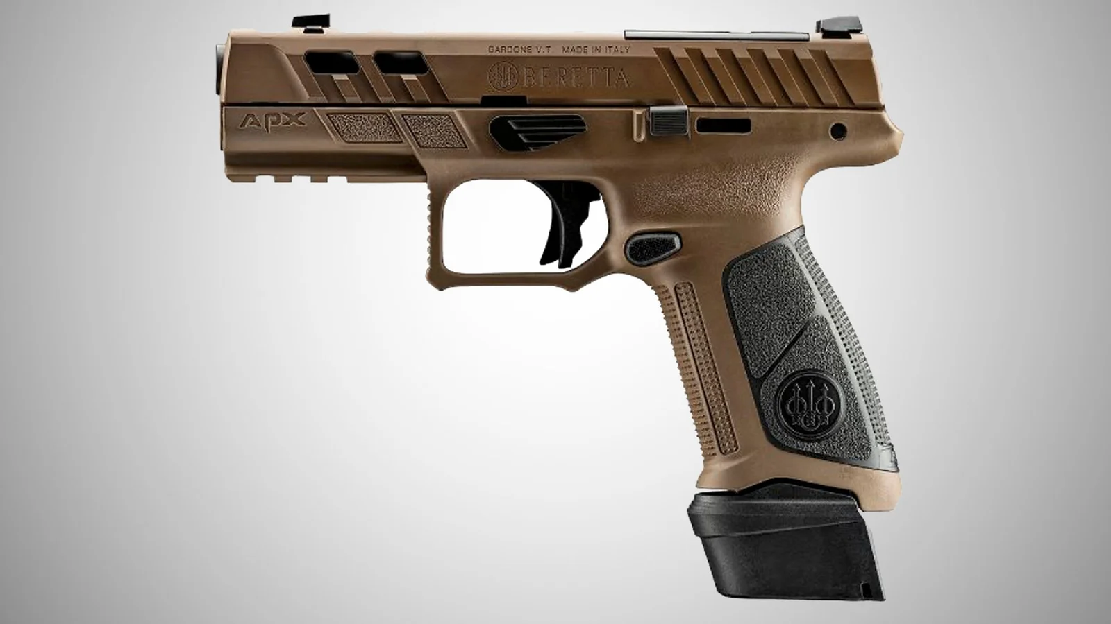 Beretta APX A1 Ported in Flat Dark Earth shown in left profile, with two slide ports visible forward of the Beretta rollmark and an extended magazine baseplate
