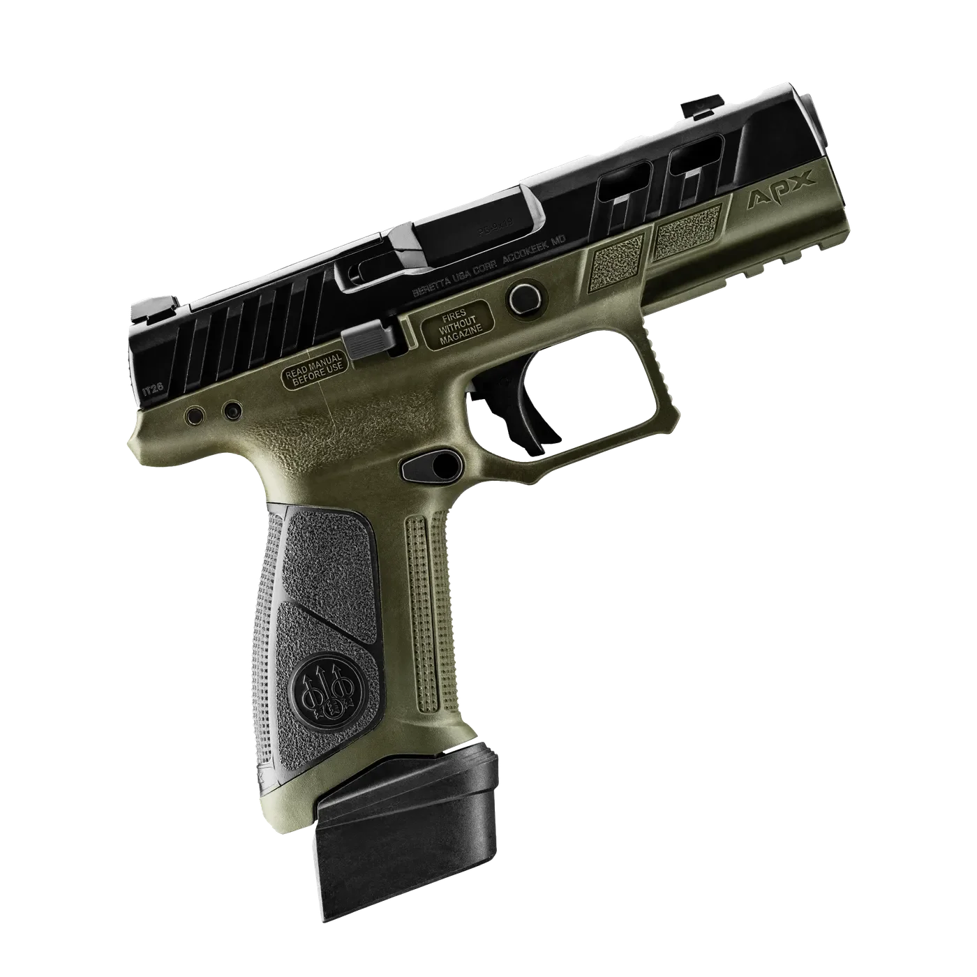 Beretta APX A1 Ported in OD Green viewed from above and to the right, showing two rectangular ports cut through the top of the black slide forward of the ejection port