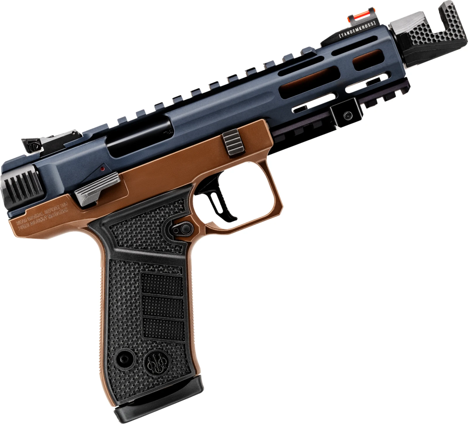 Beretta B22 Jaguar Metal Competition three-quarter view showing the bronze frame, grey upper, TANDEMKROSS compensator, and checkered grip panels
