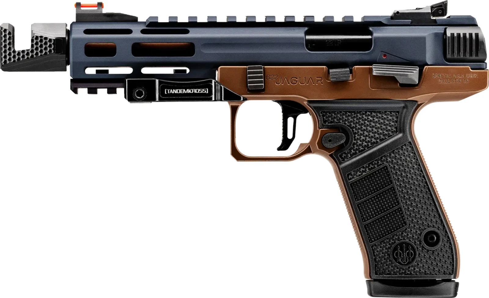 Beretta B22 Jaguar Metal Competition left side profile showing the TANDEMKROSS Steam Demon compensator at the muzzle, the TANDEMKROSS Accelerator thumb ledge, and the orange fiber optic front sight