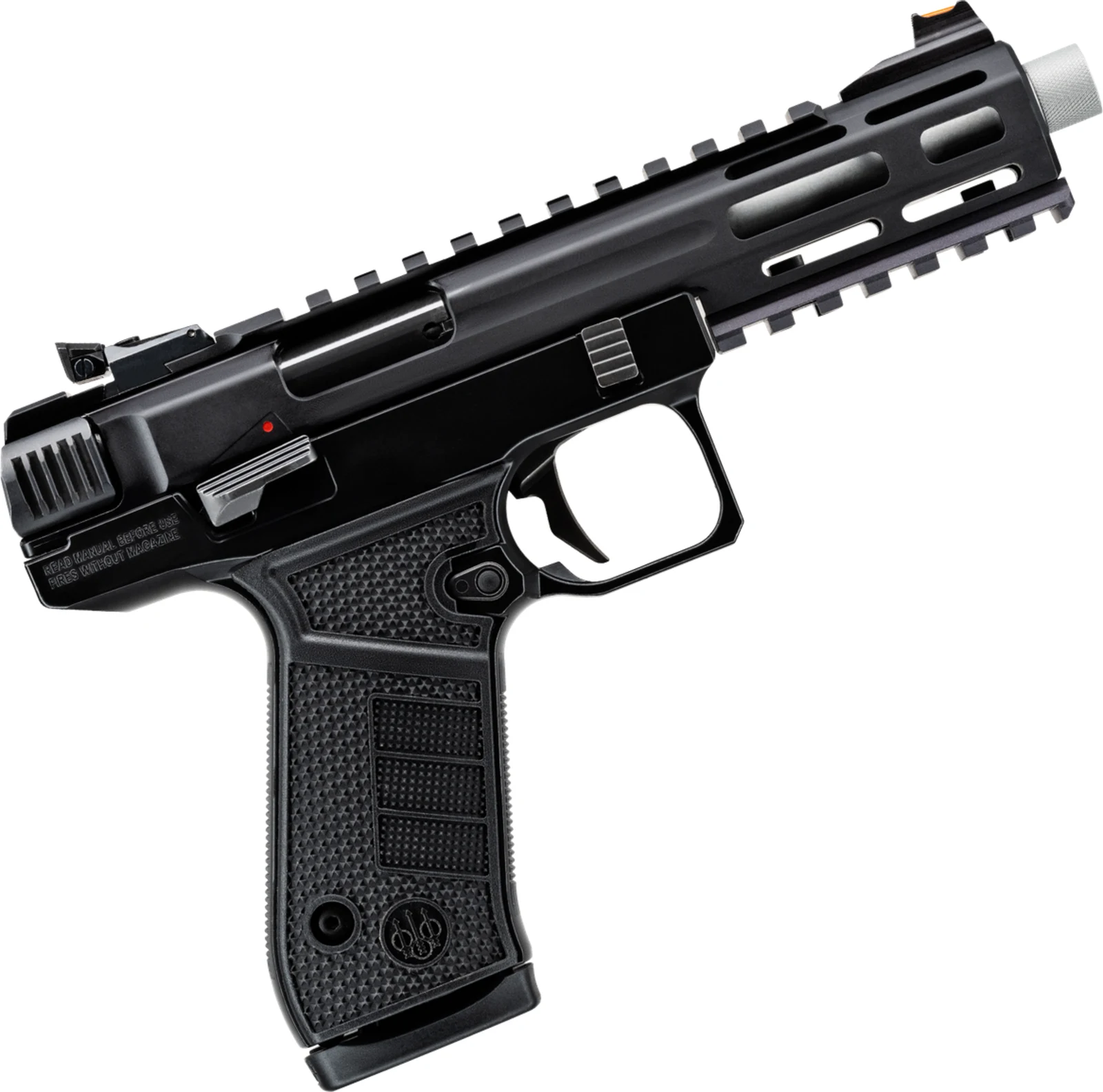Beretta B22 Jaguar Tac Metal three-quarter view showing the M-LOK barrel shroud, full-length Picatinny top rail, threaded muzzle, and checkered grip panels
