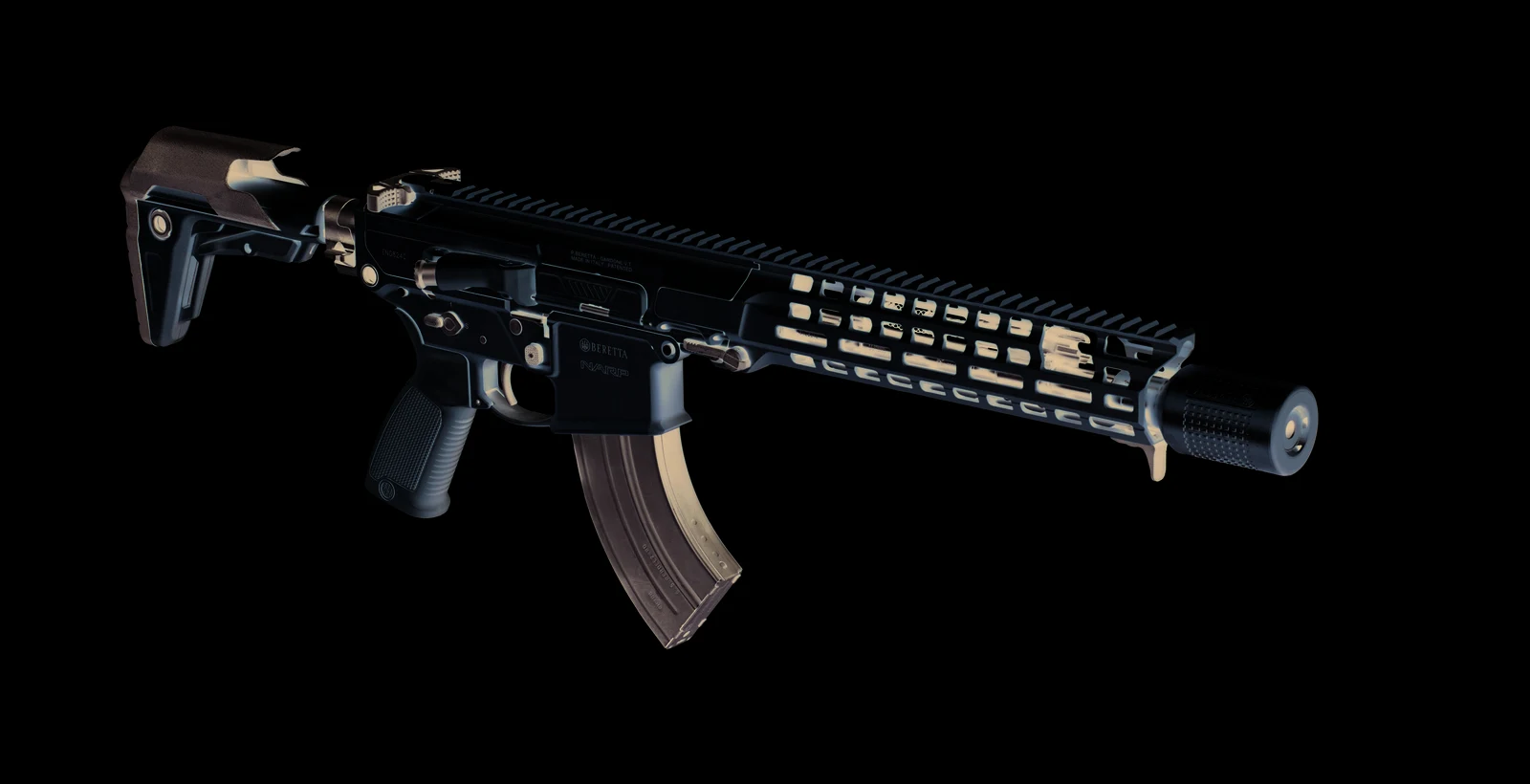 Tan Beretta NARP Praetorian 6.5 Grendel rifle with a folding stock, M-LOK handguard, curved magazine, and B-Silent suppressor