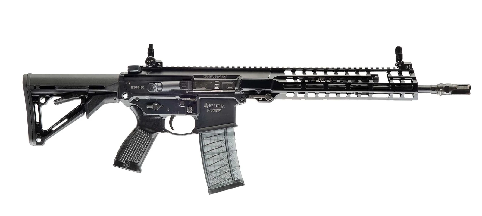 Right-side profile of the black Beretta NARP rifle with a telescopic stock, flip-up sights, full-length top rail, and a translucent 30-round magazine