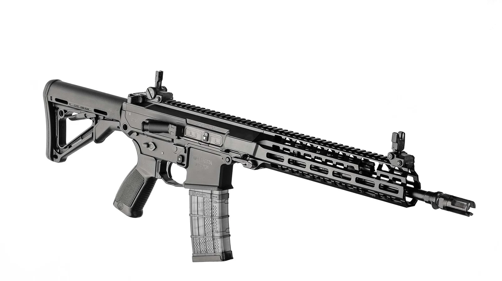 Three-quarter view of the Beretta NARP showing the ambidextrous lower receiver controls, NARP marking, M-LOK handguard, and muzzle device