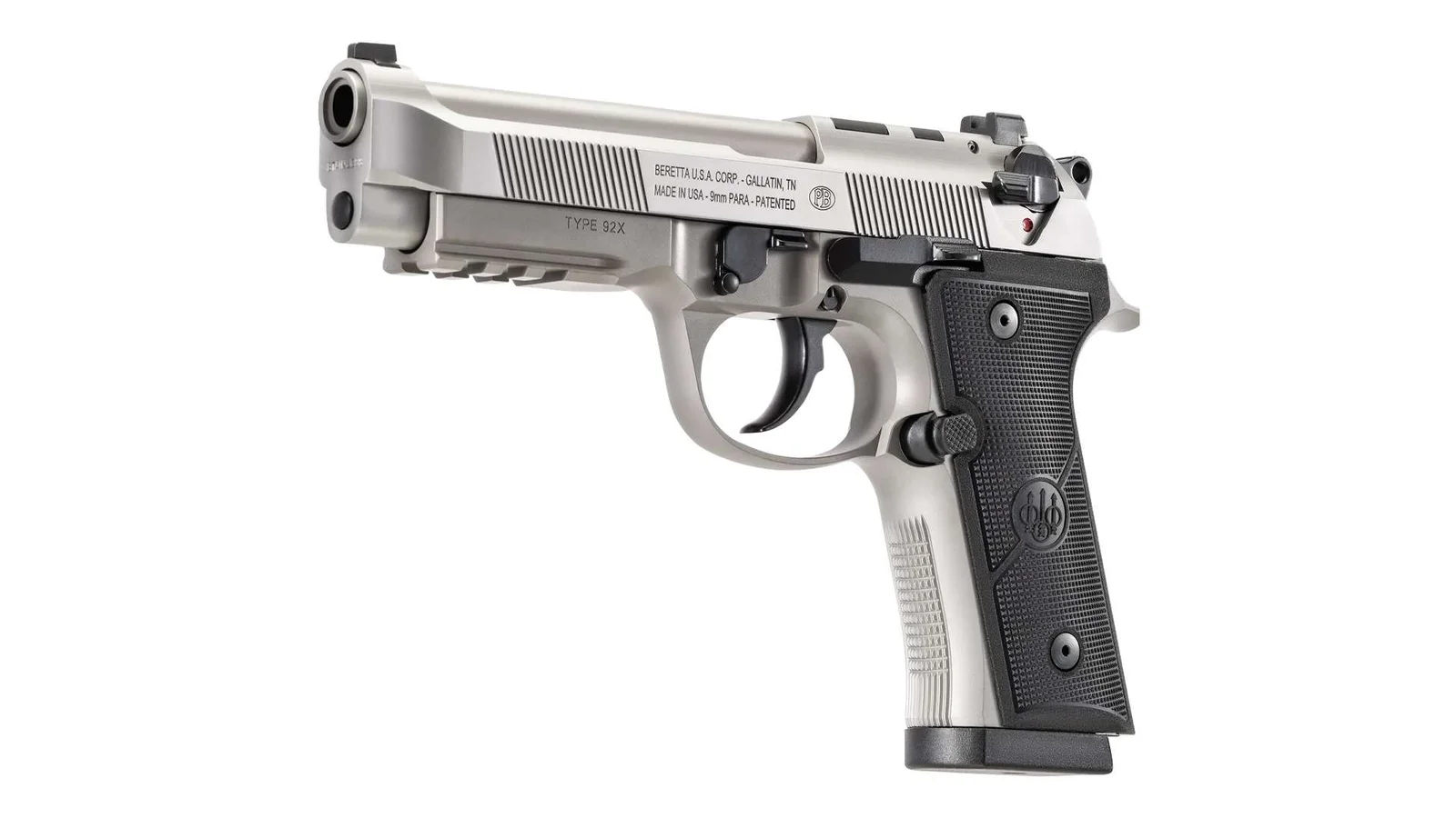 Stainless Beretta 92X 9mm pistol with black checkered grips, the slide marked Beretta U.S.A. Corp. Gallatin, TN